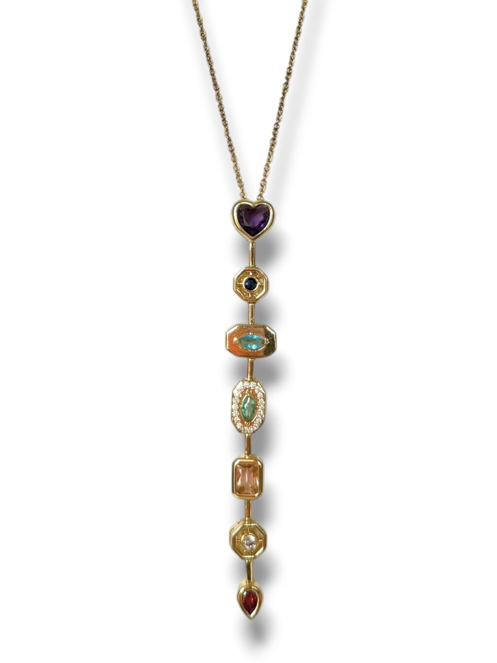Multi-Gem Drop Necklace with Heart Accent
