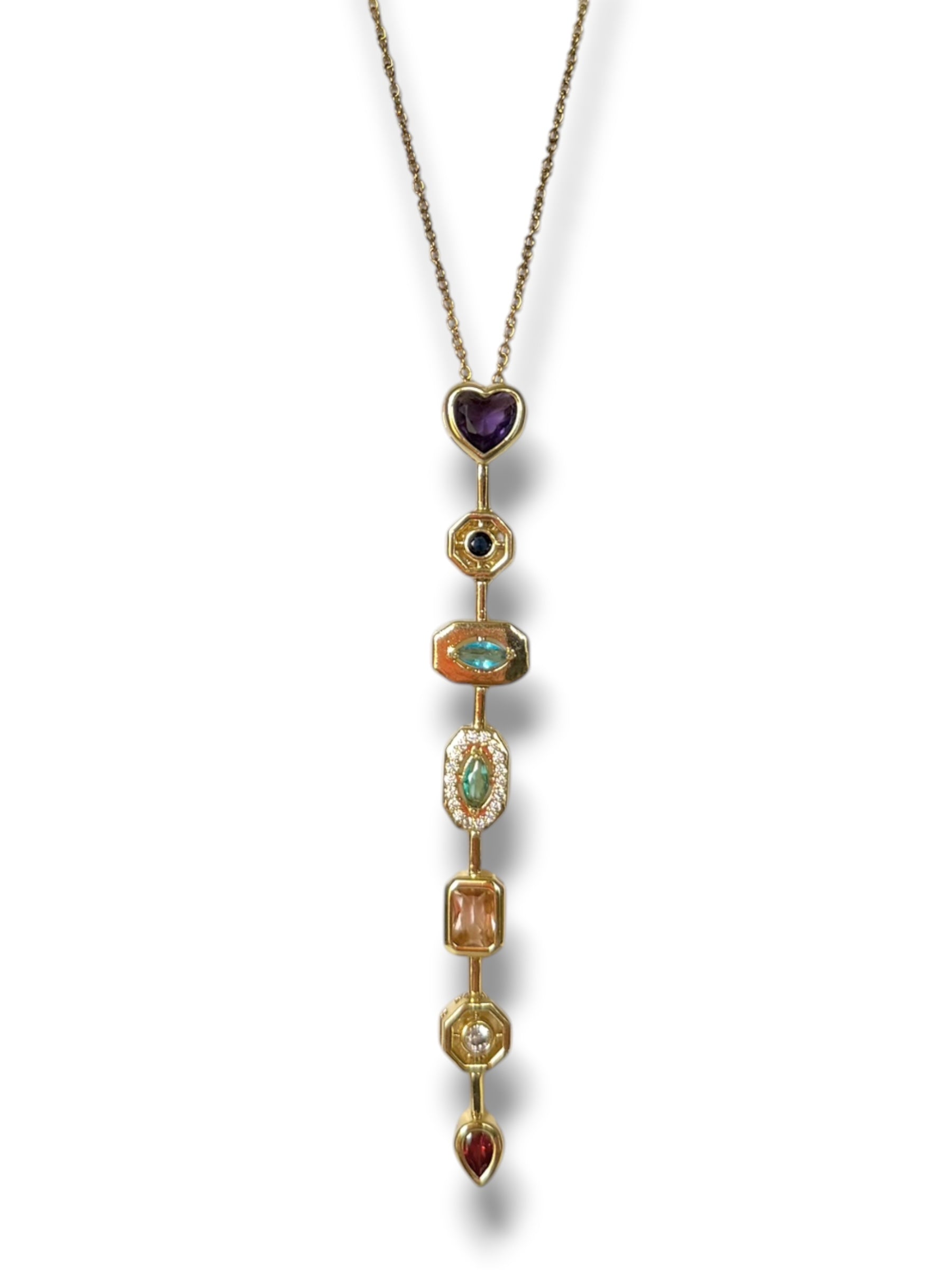 Multi-Gem Drop Necklace with Heart Accent